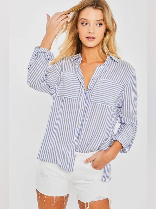 New York & Company Striped Button-Up Shirt - Light Blue & White
